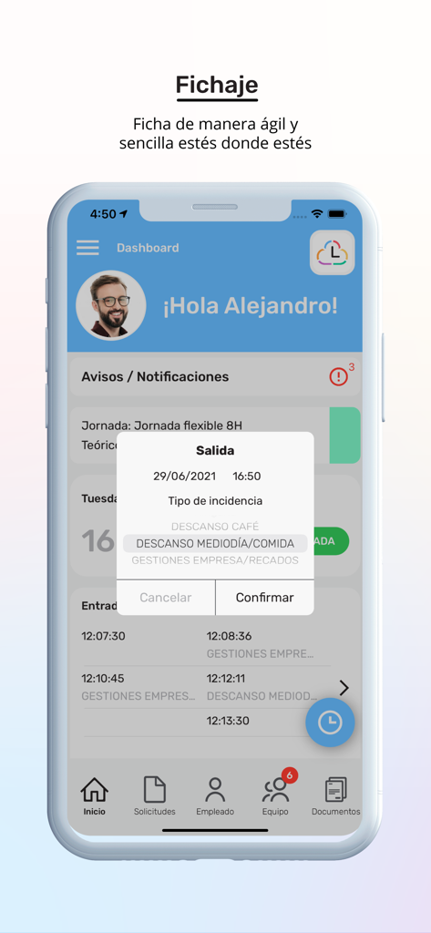 Nubhora - Nubhora mobile app dashboard displaying a clock-out confirmation modal for a lunch break.
