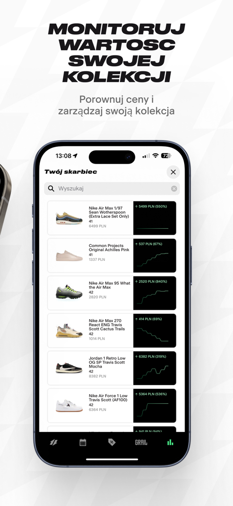 Grailz – Sneakers i Streetwear - Un smartphone mostrando la bóveda de la aplicación Grailz con valores de mercado de sneakers y tendencias de precios.