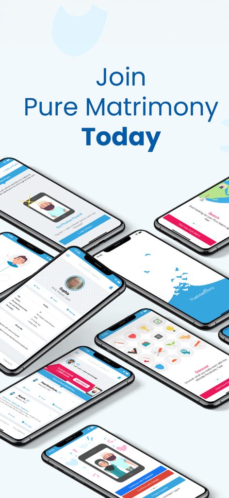 Pure Matrimony - A collection of smartphone screens showcasing the Pure Matrimony app interface for Muslim marriage