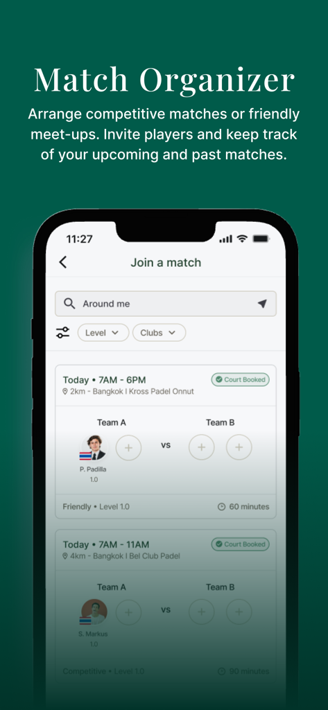 Interface of The Padel Society app showing how to join and organize padel matches