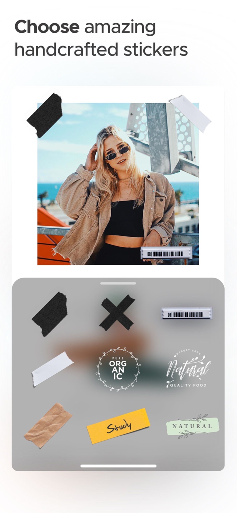 Oberfläche der Tuval-App, die ein Foto einer Frau zeigt, das mit handgefertigten digitalen Aufklebern verziert ist, sowie eine Auswahl an Klebeband und Etiketten
