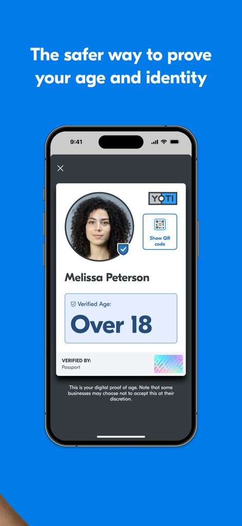 Yoti app interface showing a verified age over 18 on a digital identity card.