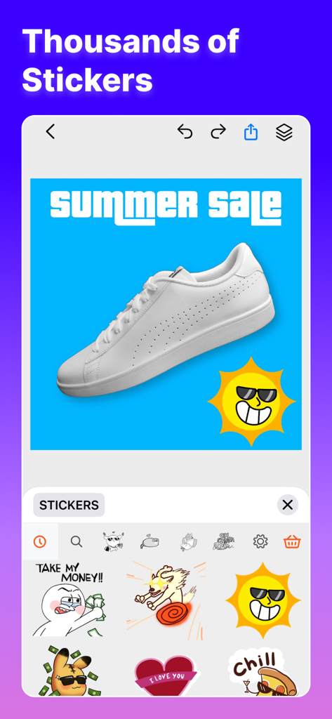 PhotoBox - AI Photo Editor - A screenshot of the PhotoBox app showing a sticker selection menu and a summer sale shoe advertisement being edited with a sun sticker.
