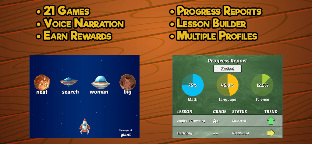 Fourth Grade Learning Games - Screenshot of Fourth Grade Learning Games app featuring a synonym space game and a student progress report.