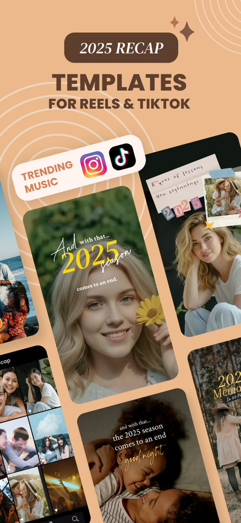 OnBeat: Reels Maker Editor - OnBeat app interface featuring 2025 recap templates for Reels and TikTok.