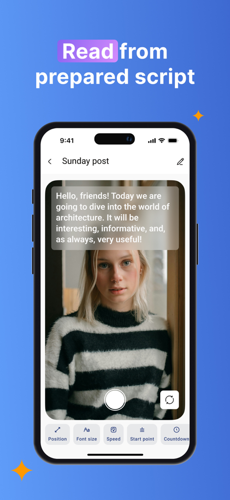 Teleprompter For Video - Pro - Teleprompter app interface showing a creator recording a video while reading a prepared script on screen