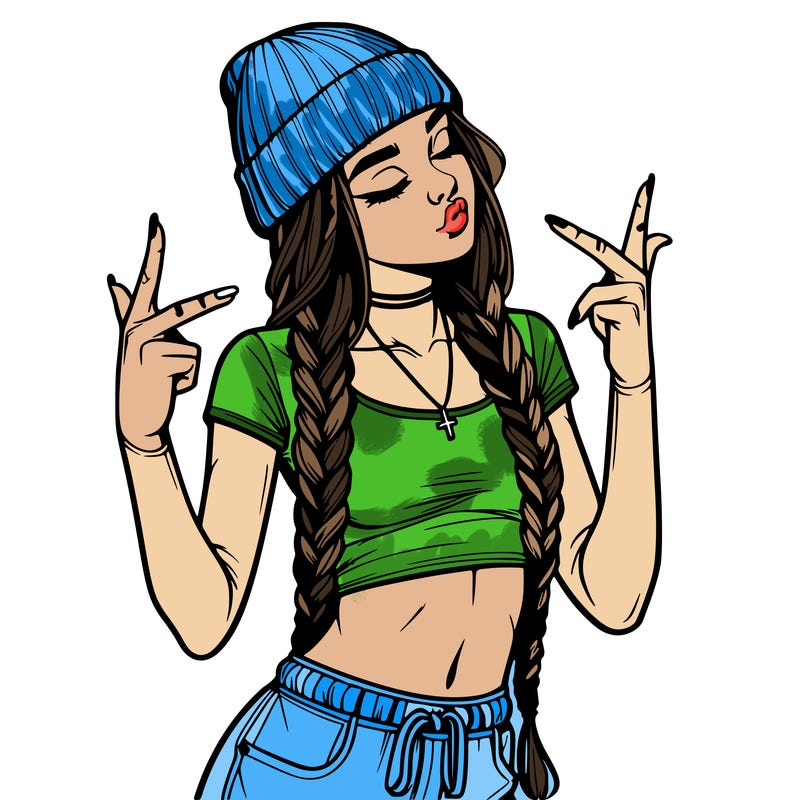 realistic teenage girl with braids and a beanie and crop top doing 🫶🏼