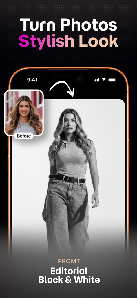 Superlook: AI Video & Photo - Comparação antes e depois de uma foto de mulher transformada em um estilo editorial preto e branco usando o Superlook AI.