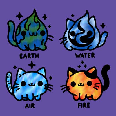 4 cats that represent the different elements, earth, water, air, and fire