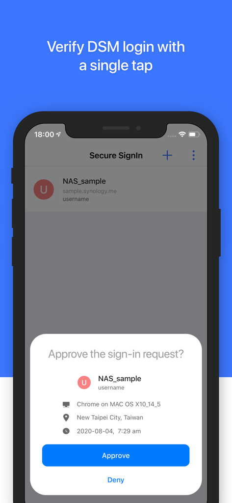 Synology Secure SignIn - Application Synology Secure SignIn affichant une demande d'approbation de connexion sur un appareil mobile.