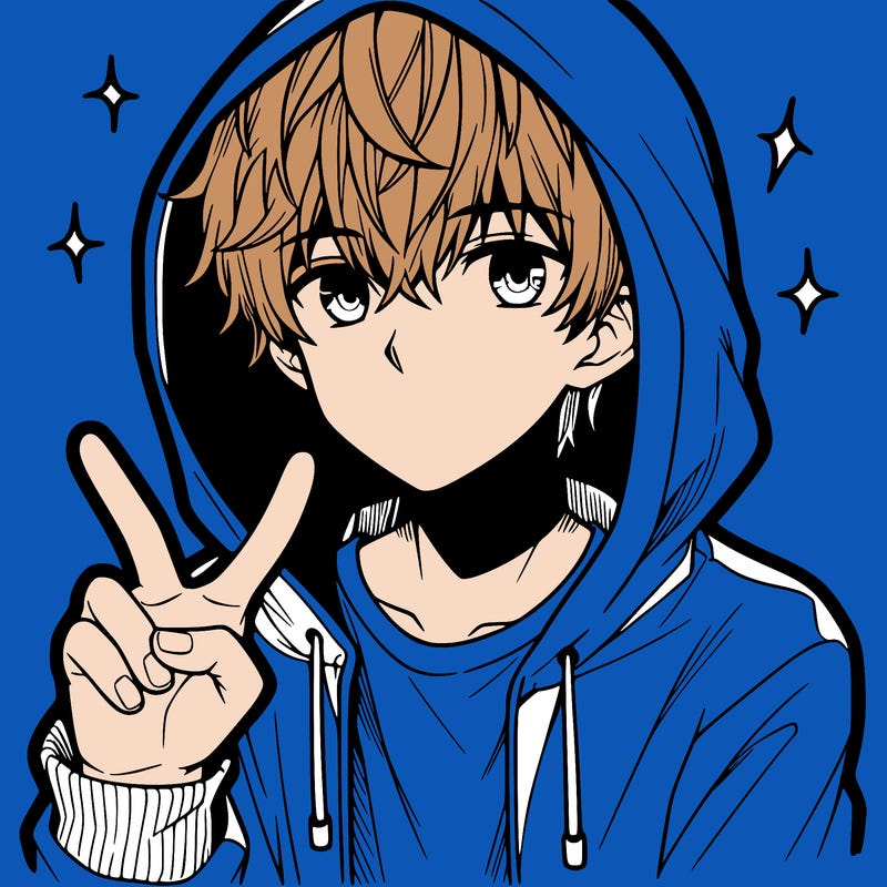 teenage manga boy in a hoodie, doing ✌