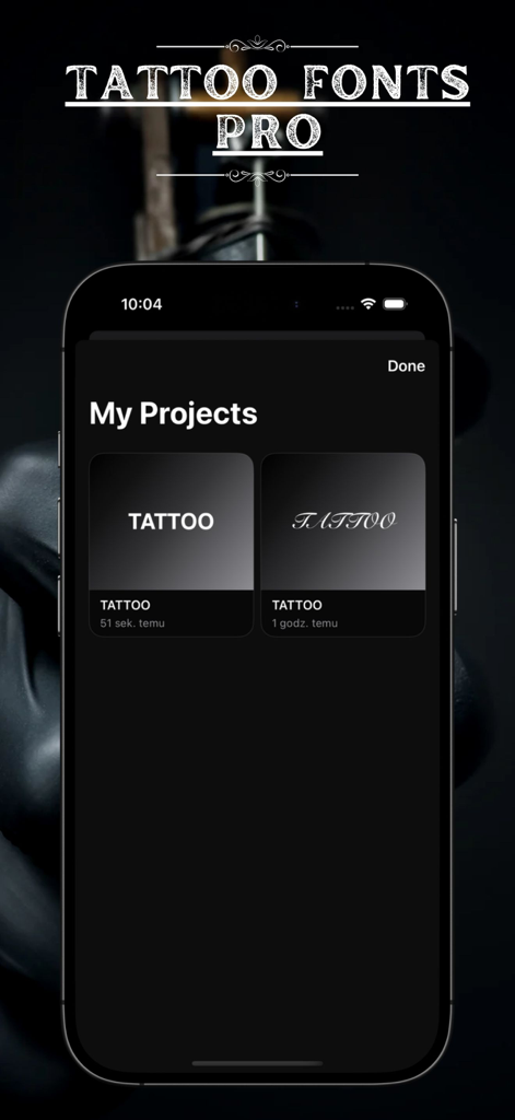 Interface of the Tattoo Fonts Pro app showing saved lettering projects in the My Projects section.