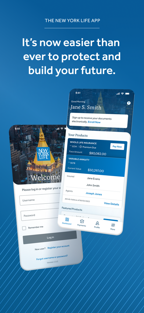 Interface of the New York Life app showing the login screen and a dashboard displaying life insurance and annuity policy values.