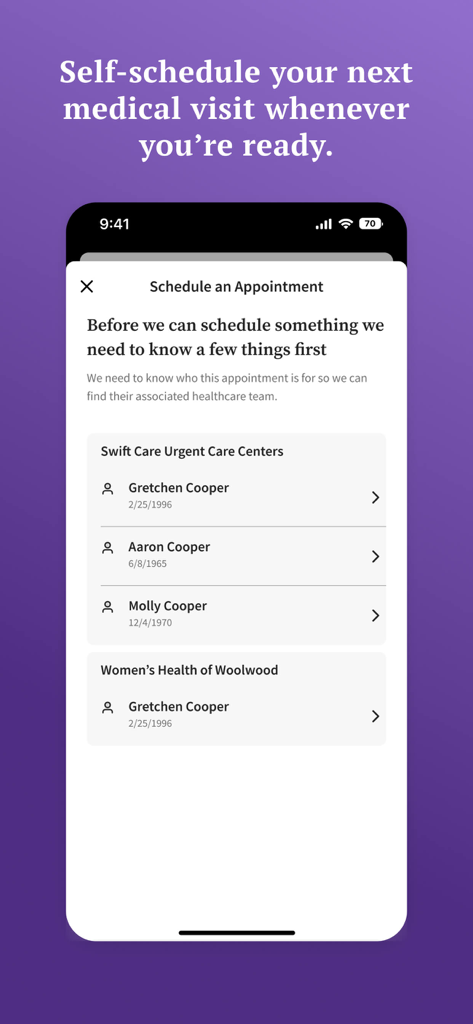 Interfaz de la aplicación athenaPatient para programar citas médicas para varios miembros de la familia.