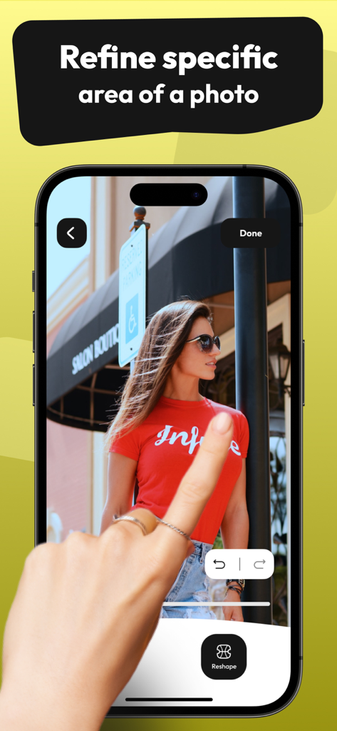 Face & Body AI Editor - Interface do usuário mostrando como refinar uma área específica de uma foto usando a ferramenta de remodelação no aplicativo Editor de IA para Rosto e Corpo.