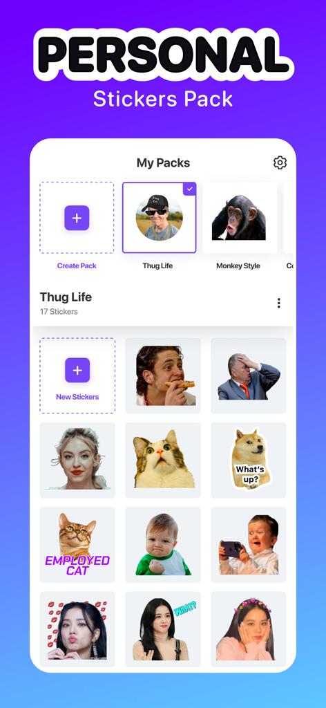 Interface of the Sticker Maker Hub app showing a collection of custom personal stickers and meme packs