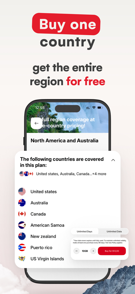 eSIM Travel SIM card: USIMS - Interface do aplicativo USIMS mostrando cobertura de dados eSIM regional gratuita para a América do Norte e Austrália