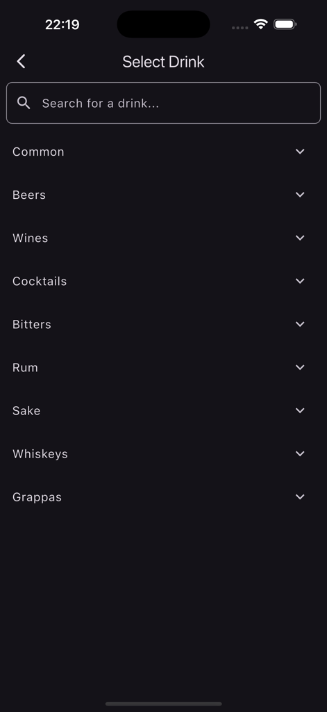 Interface do aplicativo Temporizador de Álcool mostrando uma lista de categorias de bebidas como cervejas, vinhos e coquetéis