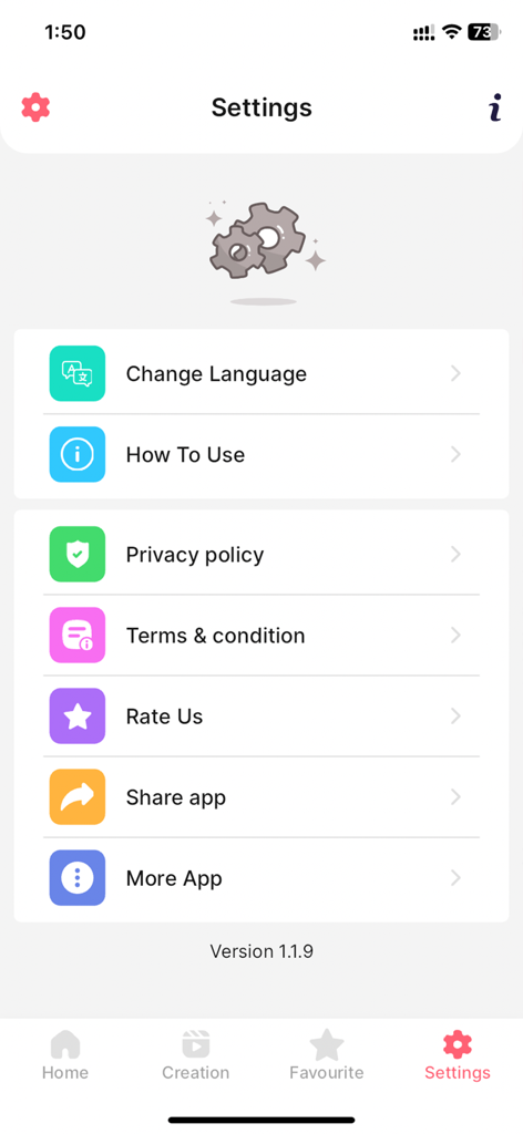 AR Drawing - Paint and Sketch - The settings menu of the AR Drawing Paint and Sketch app showing options for language, tutorials, and app information.