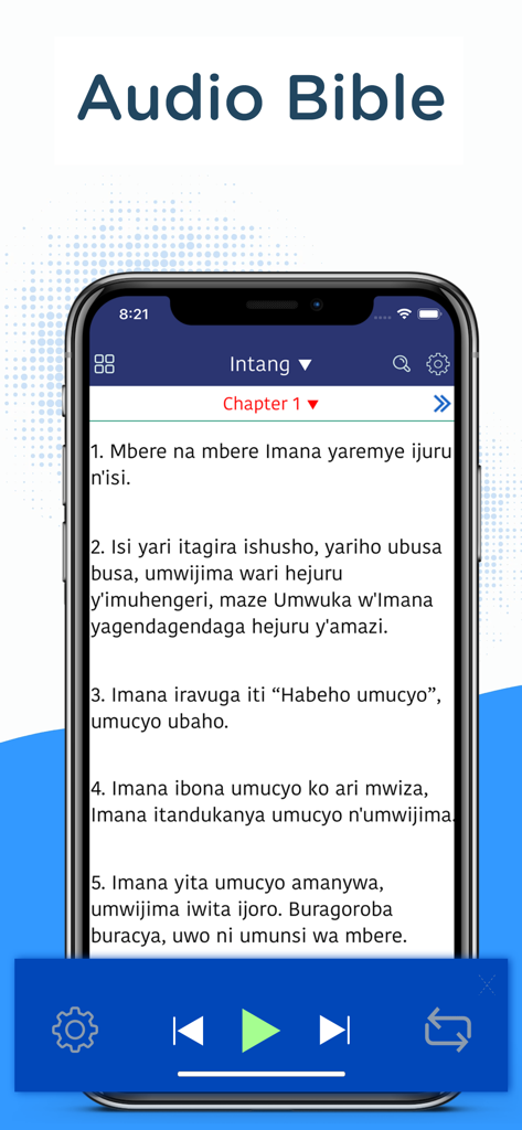 Screenshot of the Kinyarwanda Bible app showing the audio bible player with biblical text and playback controls
