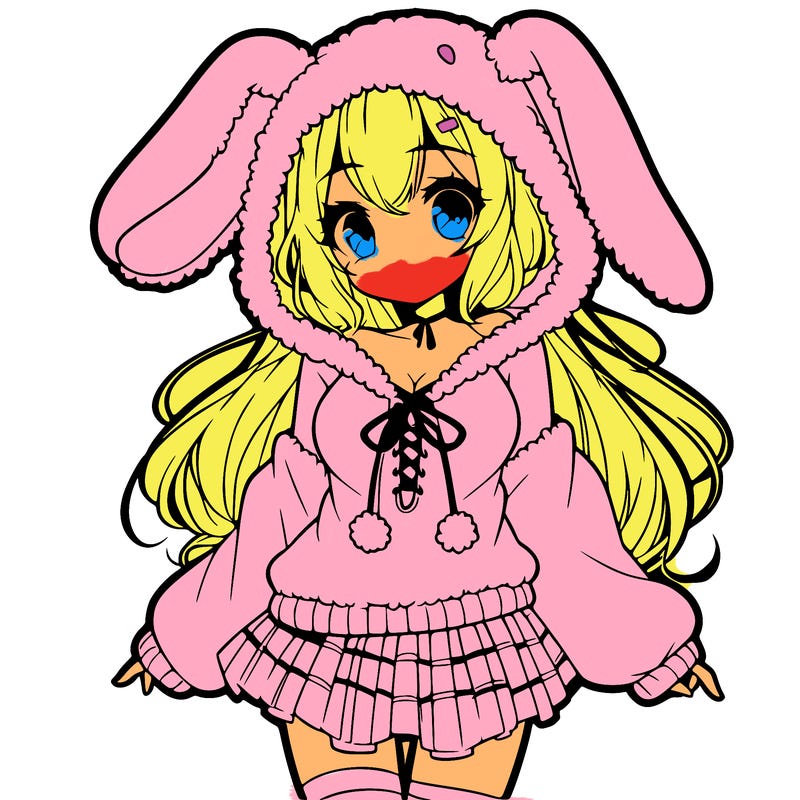 pretty anime girl wearing a fluffy hoodie with bunny ears on the hood and a skirt
