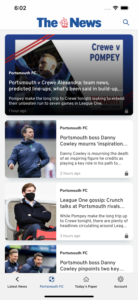 The Portsmouth News Newspaper - The Portsmouth News app sports section showing news headlines for Portsmouth FC and League One football.