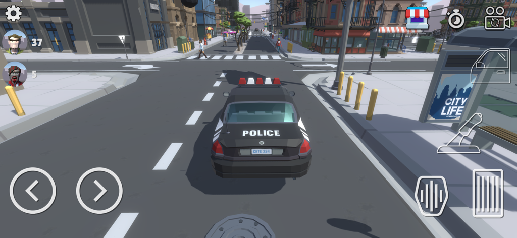 Sandbox City - A police car driving on a city street in Sandbox City with mobile game controls