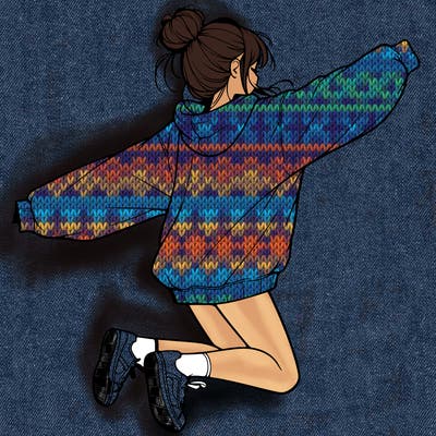 realistic girl jumping with a bun and oversized sweatshirt