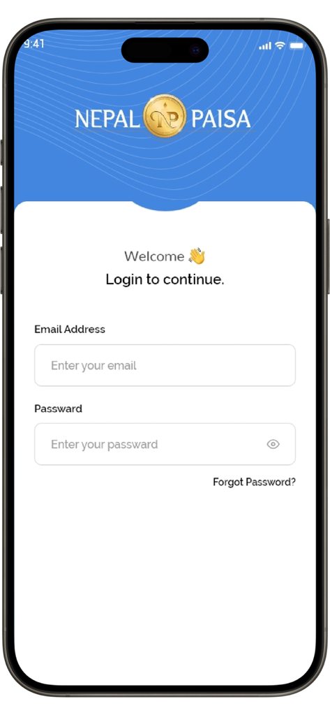 Schermata di accesso dell'app di trasferimento di denaro Nepal Paisa con campi per email e password