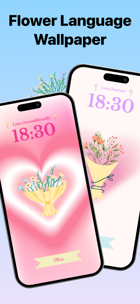 Two iPhones displaying custom flower language wallpapers with personalized names and romantic sentiments