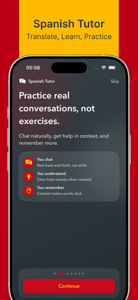 Spanish Tutor app onboarding screen showing the practice real conversations feature