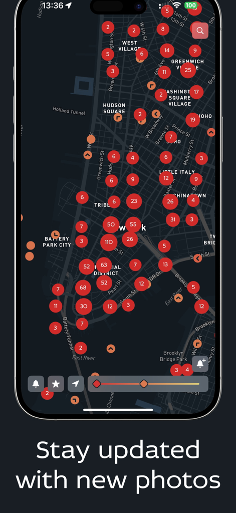 Historic photos - Time Portal - Map view of New York City showing density clusters of historical photos in the Time Portal app
