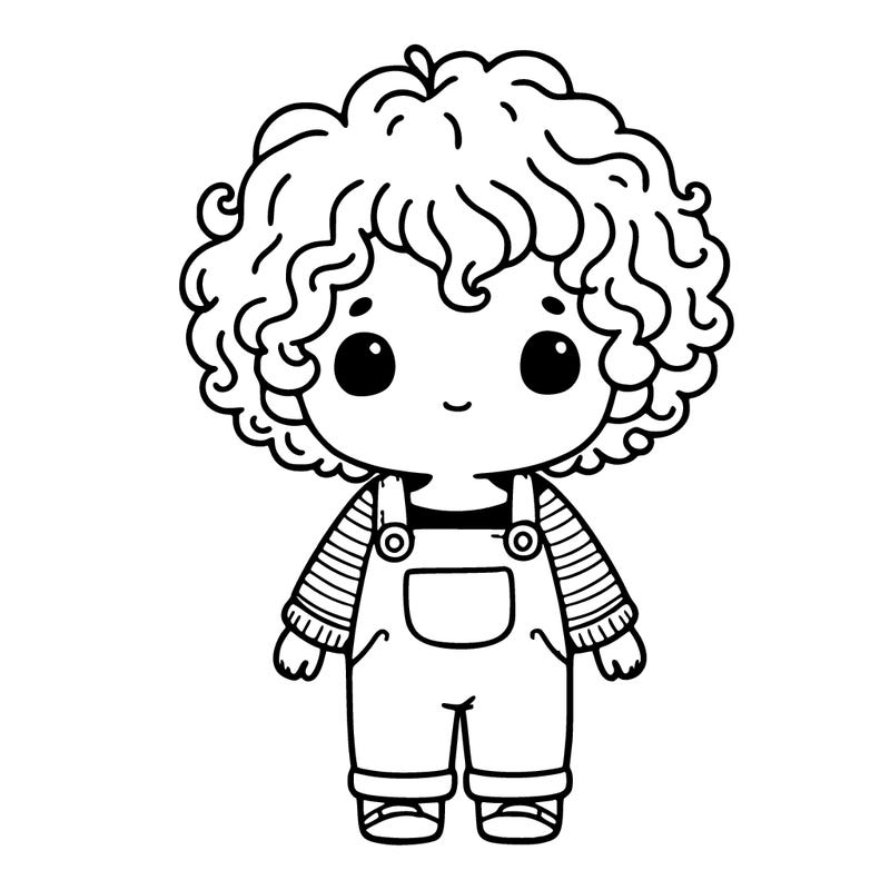 little girl with curly hair and overalls