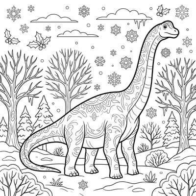Unleash your creativity with this magnificent Alamosaurus coloring page, set amidst a beautiful winter wonderland. This unique design blends prehistoric grandeur with frosty charm, perfect for an engaging coloring session.
