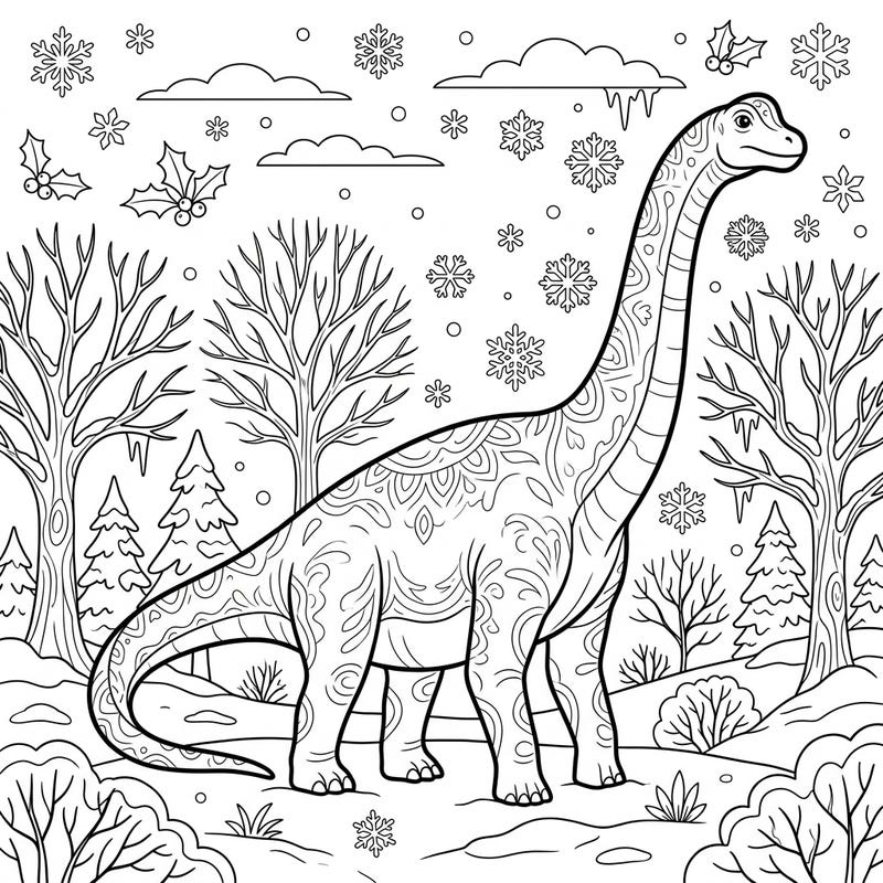 Unleash your creativity with this magnificent Alamosaurus coloring page, set amidst a beautiful winter wonderland. This unique design blends prehistoric grandeur with frosty charm, perfect for an engaging coloring session.