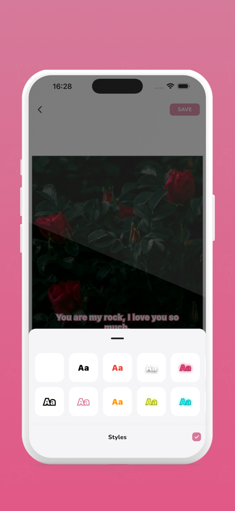 Love Quotes and Messages - Love Quotes and Messages 앱의 인터페이스에 로맨틱한 장미 배경과 다양한 글꼴 스타일 옵션이 있는 사용자 정의 이미지 편집기가 표시됩니다.