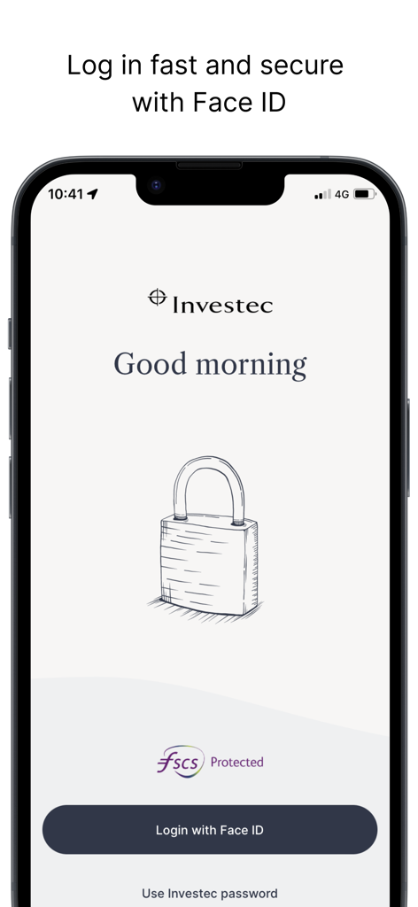 Investec UK app login screen with Face ID biometric security