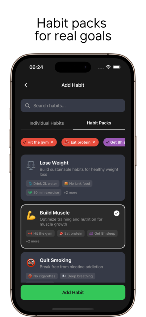 Monk Mode: Habit Tracker - A mobile interface showing curated habit packs in the Monk Mode app, including categories like Lose Weight, Build Muscle, and Quit Smoking.