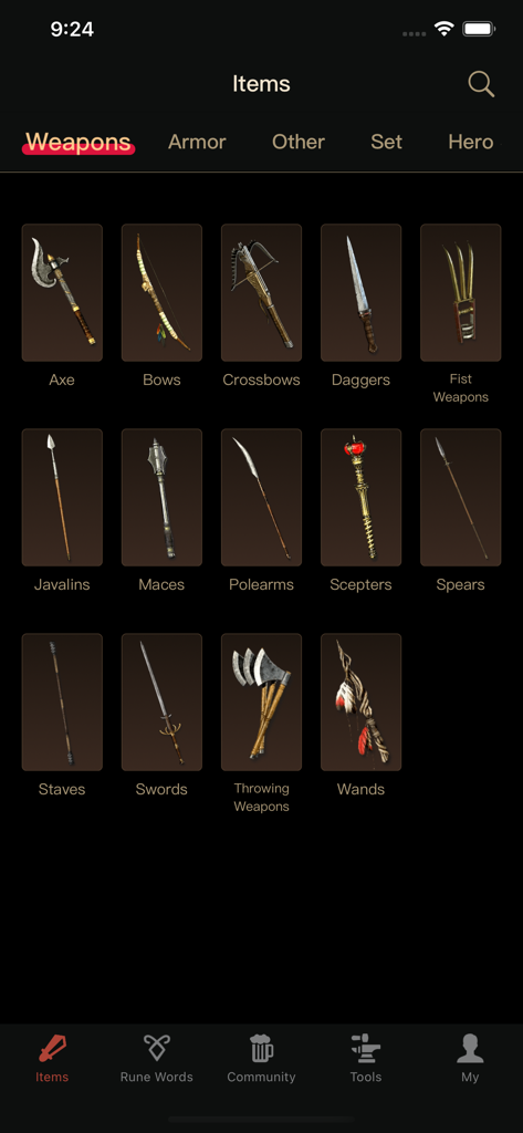 D2 Pal Pro for Diablo2 - A mobile app screen displaying a grid of weapon categories for Diablo 2 including axes, bows, daggers, and swords.