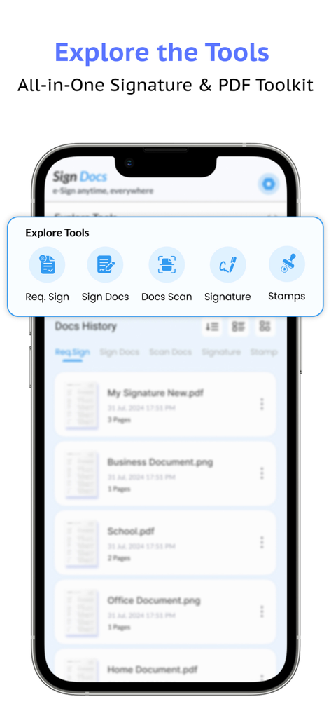 Sign Docs mobile app dashboard showing various PDF editing and signing tools