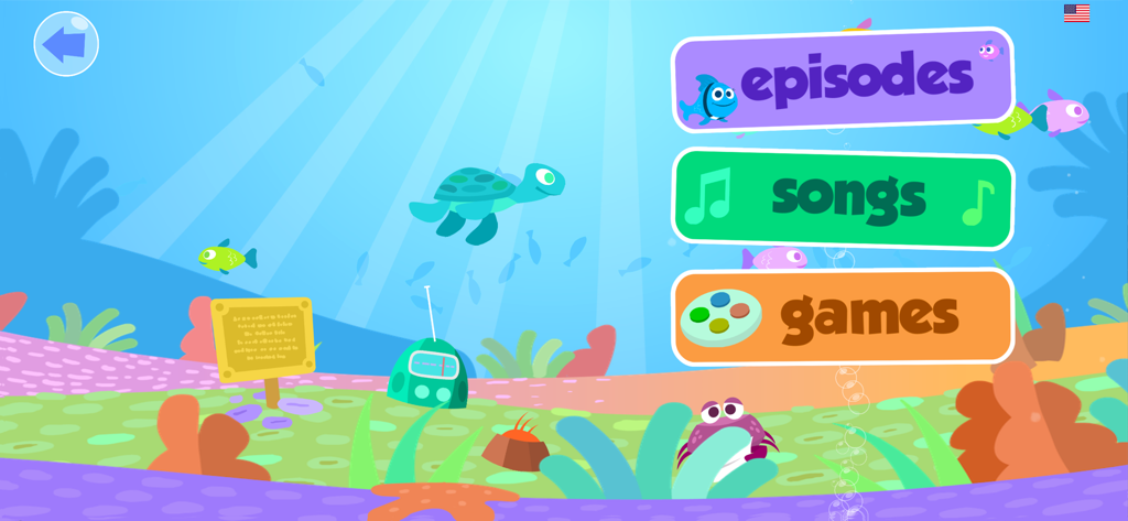 Main menu screen of the Pastor Fish app with undersea characters and buttons for episodes songs and games