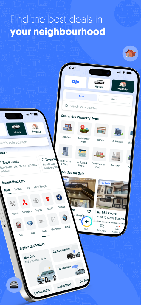 OLX Pakistan – Online Shopping - A screenshot of the OLX Pakistan mobile app showing property and car listing categories.