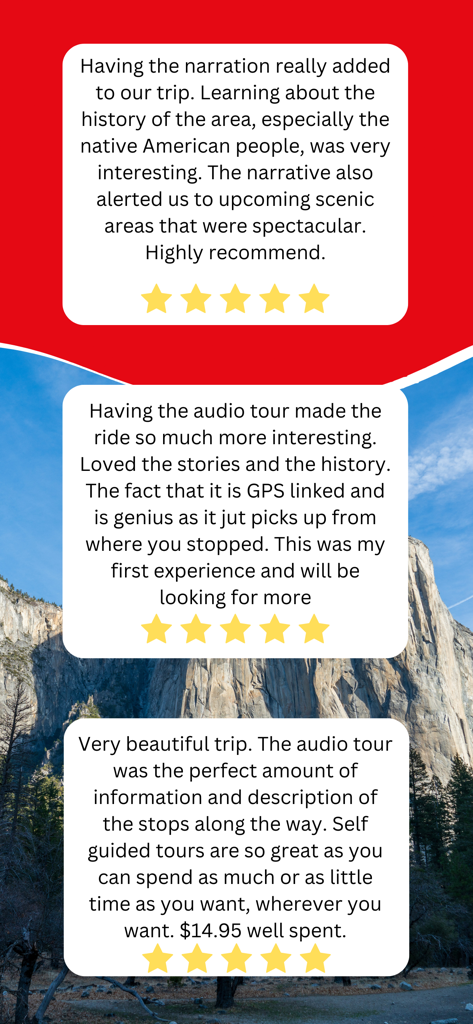 California GPS Audio Tours - Positive five star user reviews for the California GPS Audio Tours app showcasing customer testimonials