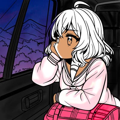 anime girl sighing with elbow on window sill on the back seat of the car looking outside the window of the car