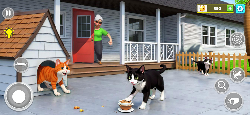 Captura de pantalla del juego Cat Runaway House Escape que muestra tres gatos en un patio trasero con un dueño mayor observando desde una puerta.