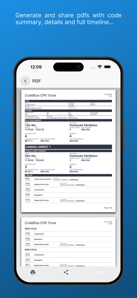 Code Blue – CPR & ACLS Timer - Smartphone screen showing a detailed resuscitation PDF report with CPR summary and event timeline