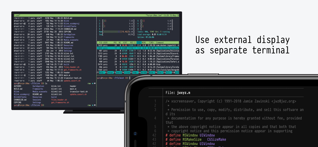 Blink Shell, Build & Code - Blink Shell Terminal wird auf einem externen Display und einem iPhone angezeigt