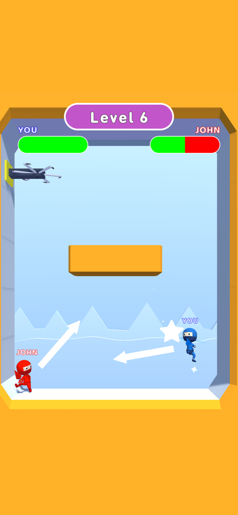 A blue ninja and a red ninja engaging in a physics-based 1v1 battle in Ninja Battle game