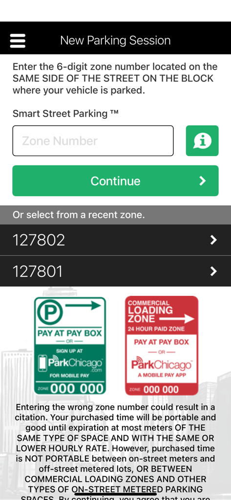 ParkChicago app interface for starting a new parking session by entering a zone number.