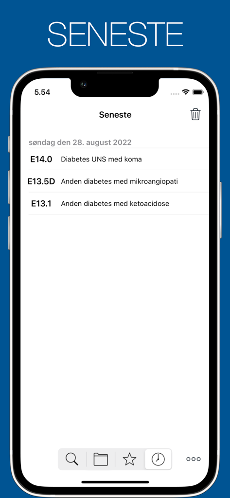 진단 코드 ICD-10 앱의 기록 화면에 당뇨병에 대한 최근 검색된 의료 코드 목록이 표시됩니다.